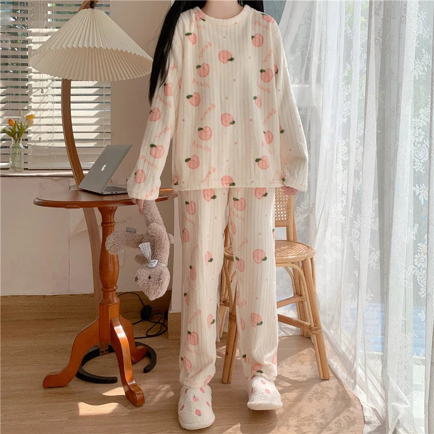 Autumn Women Solid Warm 2 Piece Sets Thicken Velvet Ribbed Fleece Set Pullover And Pants Women Casual Pajama Sets 2024 - reetell