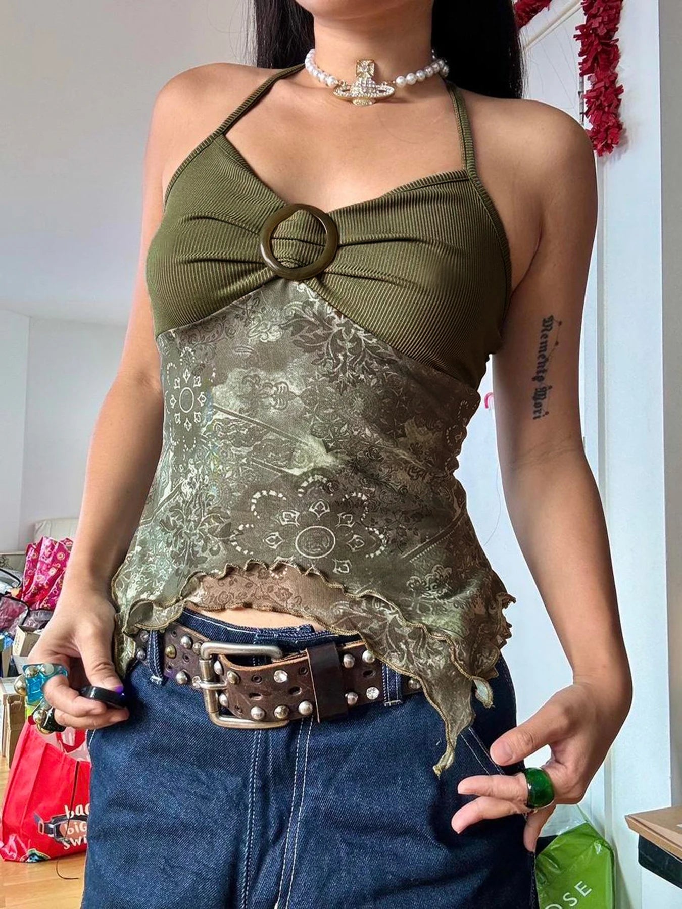 Sweetown Retro Forest Green Vintage Print Boho Y2K Camisole Backless Halter Tie Asymmetrical Tops Women Summer Vacation Clothing - reetell