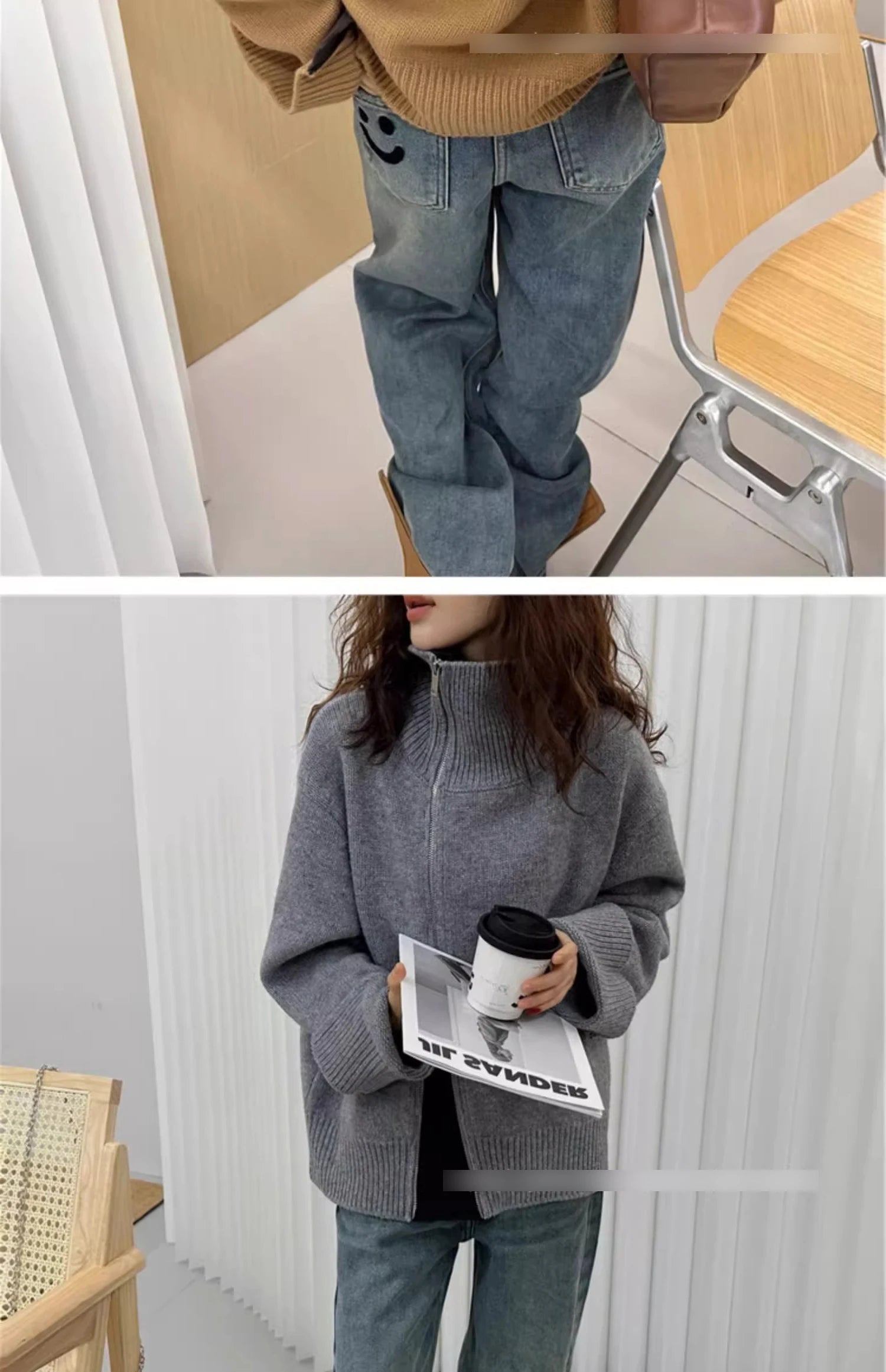 European turtleneck zipper 100% cashmere cardigan women's autumn and winter high-end loose thick wool knit sweater coat - reetell