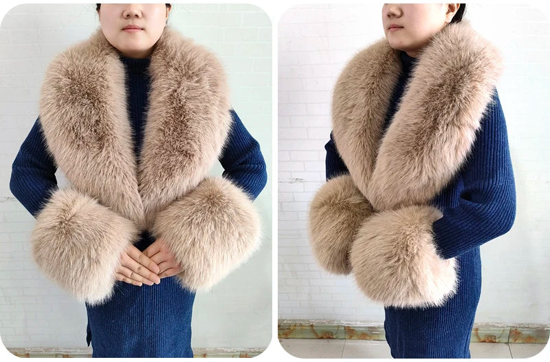 Winter Faux Fur Collar Cuffs Set Women Fluffy Large Shawl Coat Accessories Warm Fashion Fake Fox Fur Scarf Furry Scarves Female - reetell