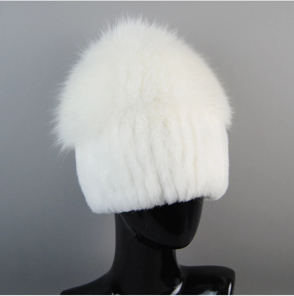 2024 Lady Winter Real Fur Hats Women Warm Knitted Genuine Rex Rabbit Fur Hat Top Natural Fox Fur Bomber Caps Rex Rabbit Fur Cap - reetell