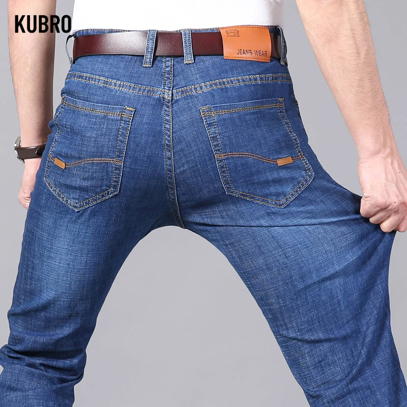 KUBRO Men's Jeans Summer Thin Pants Straight Blue Jean Baggy Casual Work Denim Pant High Elasticity Wide Leg Business Male - reetell