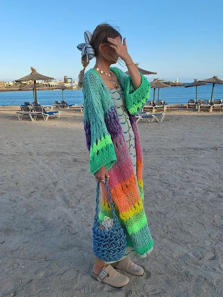 Boho Multicolor Crochet Cut Out Bell Sleeve Cardigan 2024 Autumn Winter Knitted Dress Women's Long Cardigan Sweater Jacket K12 - reetell