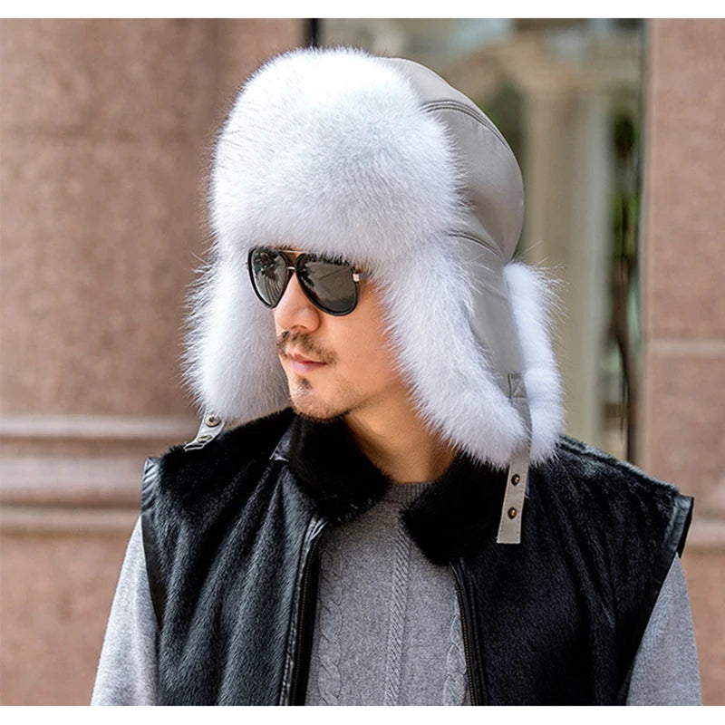 Winter Men's 100% Real Silver Fox Fur Bomber Hat Raccoon Fur Ushanka Cap Trapper Russian Man Ski Hats Caps Real Leather