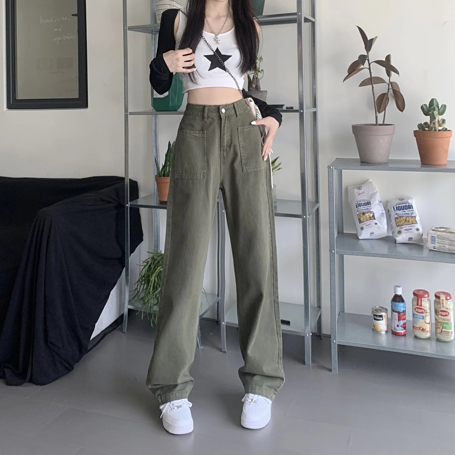 Military Green Jeans for Women High Waist Wide Legs Straight Leg Loose and Hanging Feeling Floor Length Pants High Street Trend - reetell