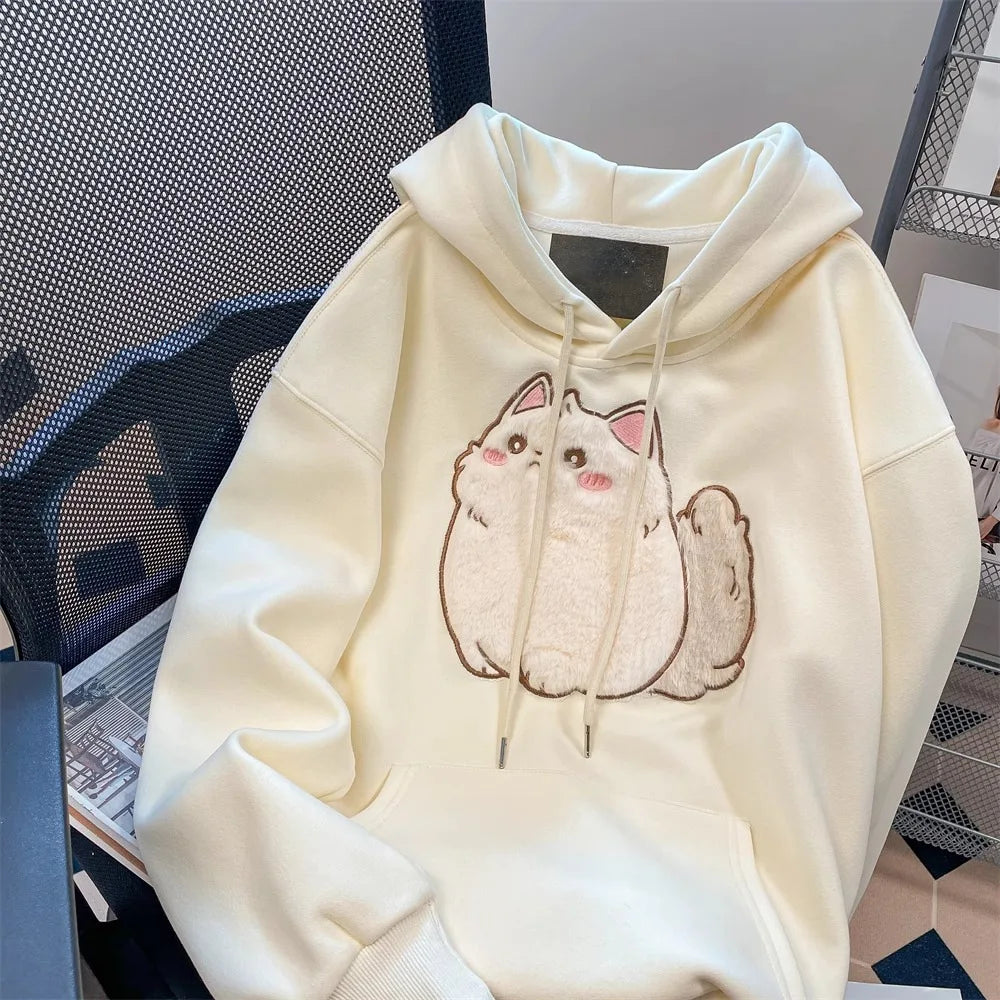 2023 Spring Autumn Female Couples Clothes Cartoon Embroidery Lovely 3D Cat Print Pullover Hoodies Women Sweatshirt Hooded Coat - reetell