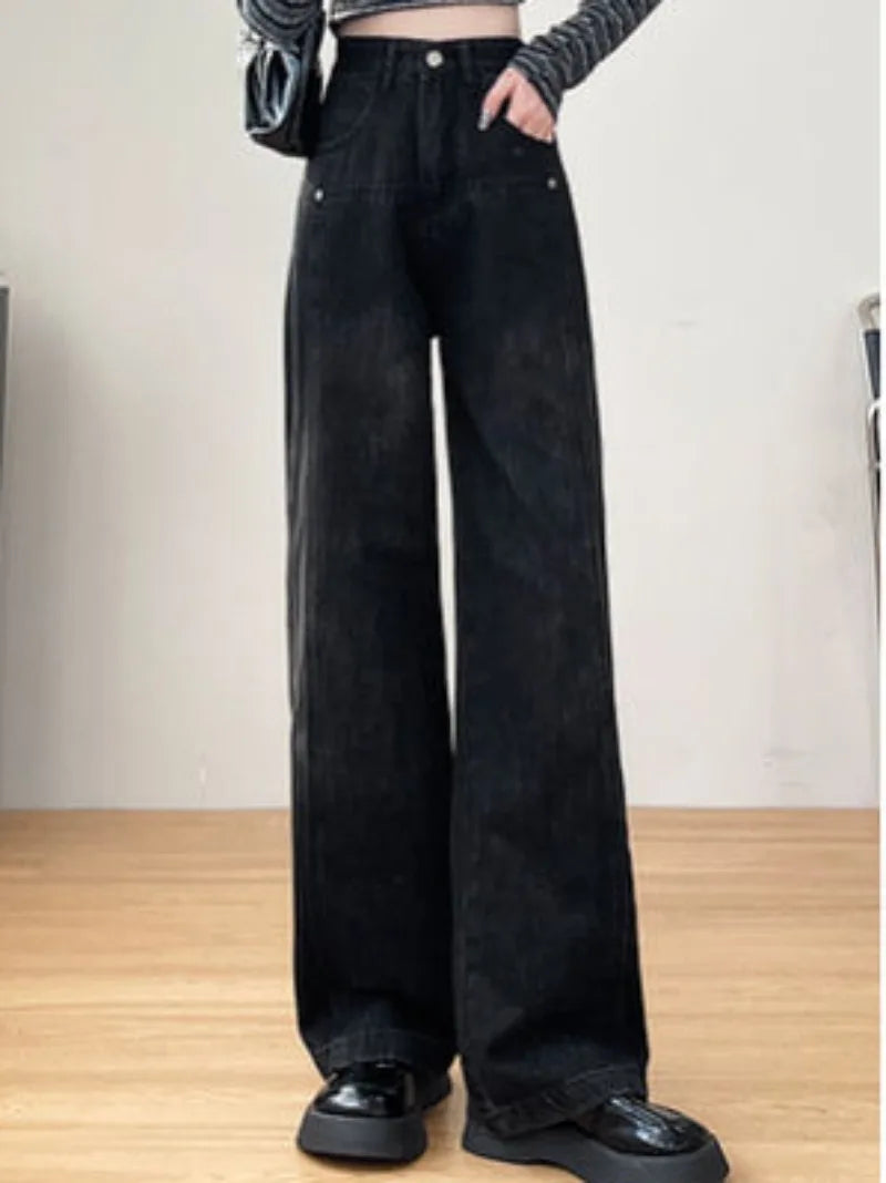 Spring Autumn Black Straight Solid Color Casual Loose Baggy Jeans Women High Waist Wide Leg Y2K Aesthetic Denim Pants Streetwear - reetell