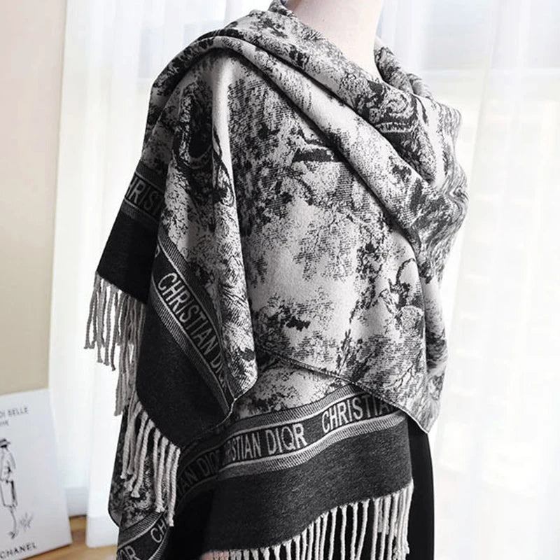 2024 Women's New Scarf Ink Color Printing Black border Shawl with White Tassels Winter Outdoor Warm Muslim Female Pashmina - reetell