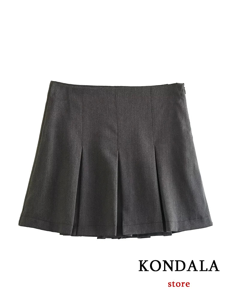 TRAFZA Vintage Dark Grey Mini Skirts Women Ruffles Pleated Sexy Shorts Skirts Female Fashion 2024 Streetwear Mujer Faldas - reetell