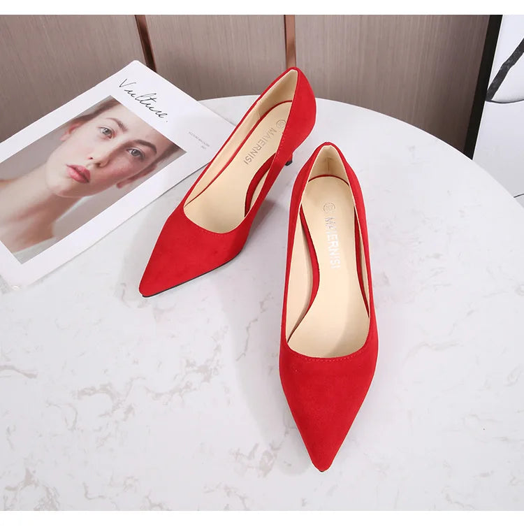 Low Heel Pumps Lady Pointed Toe Kitten Heels Female Green Flock Plus Size 43 44 45 46 Red Shoes 2023 Women 5cm High Heels