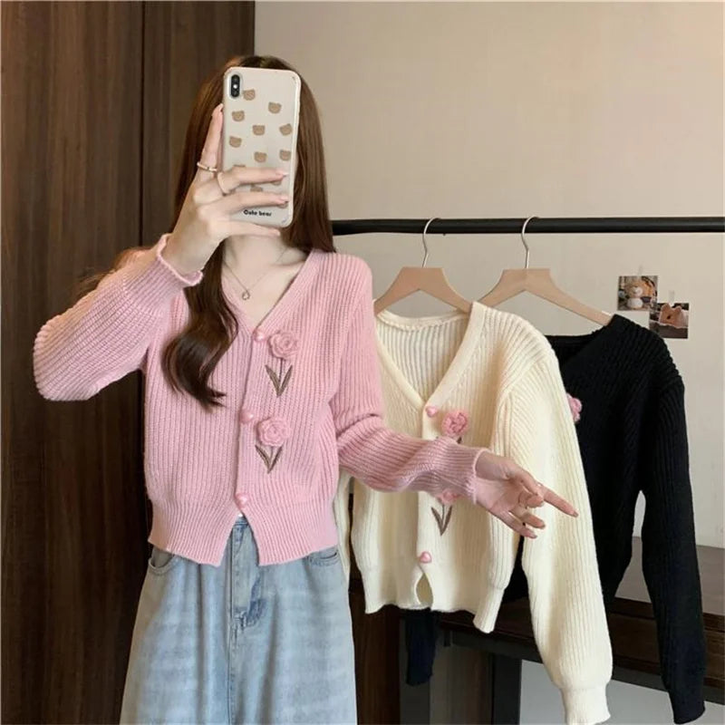 Heavy Industry Beautiful Flowers Knitted Cardigan Sweater Women Slim In Autumn And Winter With Small Cardigan V-neck Short Coat - reetell