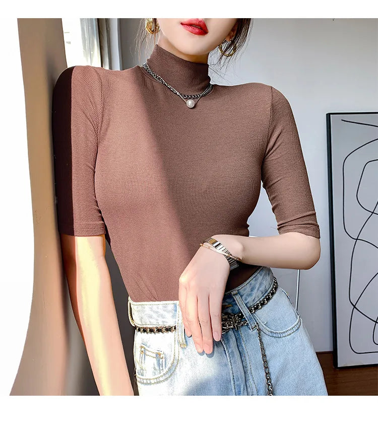 Basic Cotton T Shirt Women Turtleneck Slim Tshirt Short Sleeve T-shirts Female Casual Elasticity White Tee Shirt Femme Woman Top - reetell