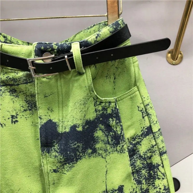 European Goods Heavy Industry Fashion Tie Dye Green Jeans Women's New Spring Summer High Waisted Loose Fit Slimming Harun Jeans - reetell