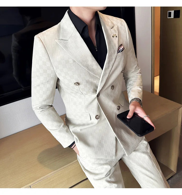 (Jacket+Pants) 2 Pieces Blue Apricot Business Party Men Suits Double Breasted Formal Style Custom Made Wedding Groom Tuxedos - reetell