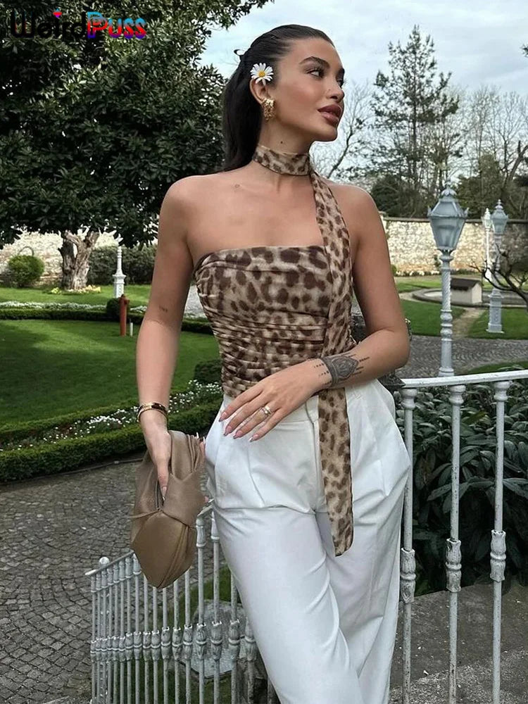 Weird Puss Leopard Print Crop Tops Woman Summer Strapless Ruffles Scarf Collar Trend Sexy Party Wild Chic Clubwear Skinny Vest - reetell