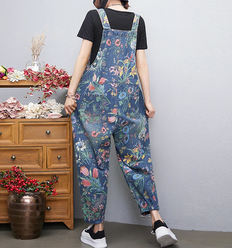 Fashion Streetwear Print Floral Denim Jumpsuit Women Casual Loose Wide Leg Pants Rompers Big Size Pockets Straps Jeans Overalls