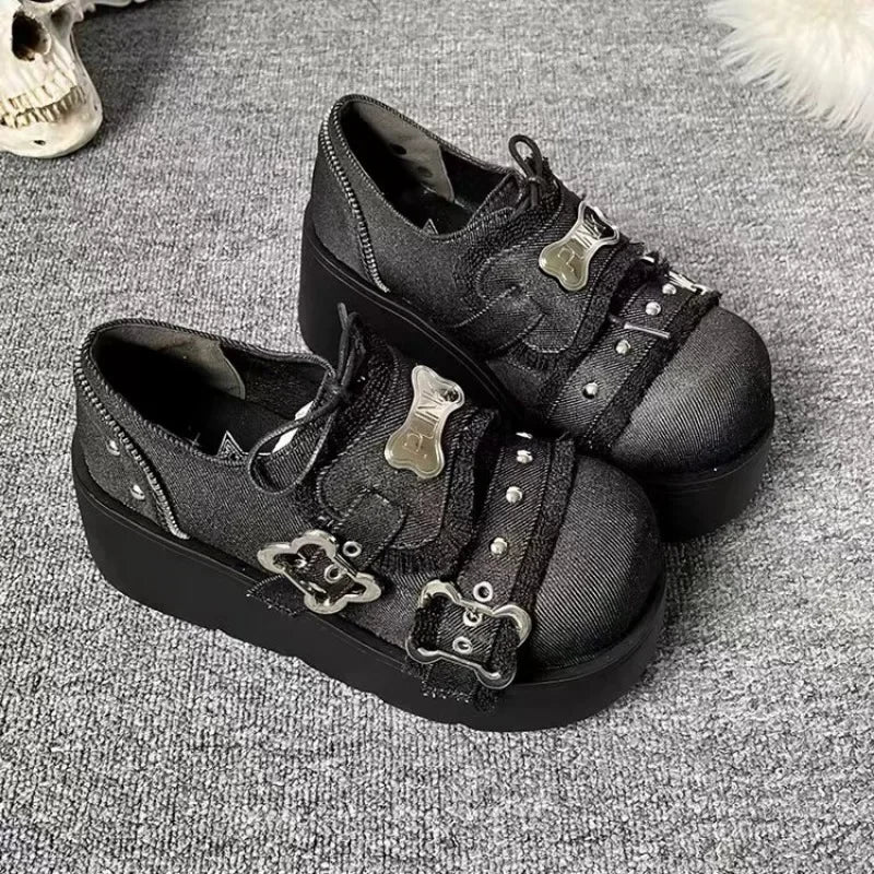 Punk Metal Chain Chunky Platform Ankle Boots Women 2024 Winter Y2K Thick Bottom Denim Boots Woman Black Gothic Lolita Shoes