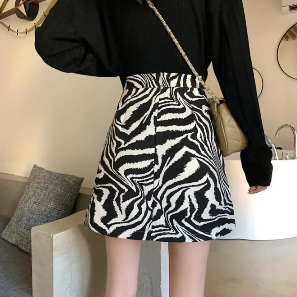 Korean Zebra Print Midi Skirt Women Autumn New Female A-line High Waist Loose Skirts Vintage Mini Skirt - reetell