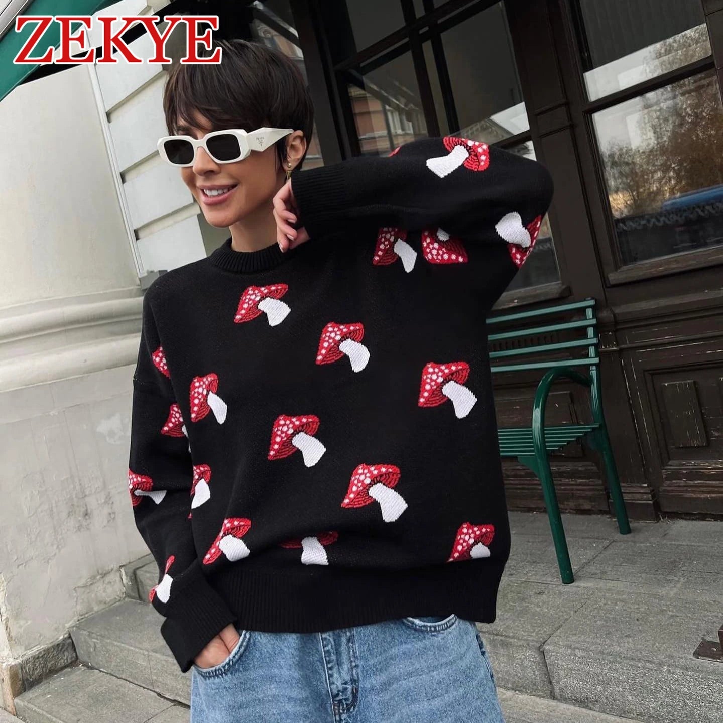 Zekye Mushroom Graphic Cute Black Sweaters Women Winter Loose Long Sleeve Knitwear Casual Basic Outwear Autumn Pullover Elegant - reetell