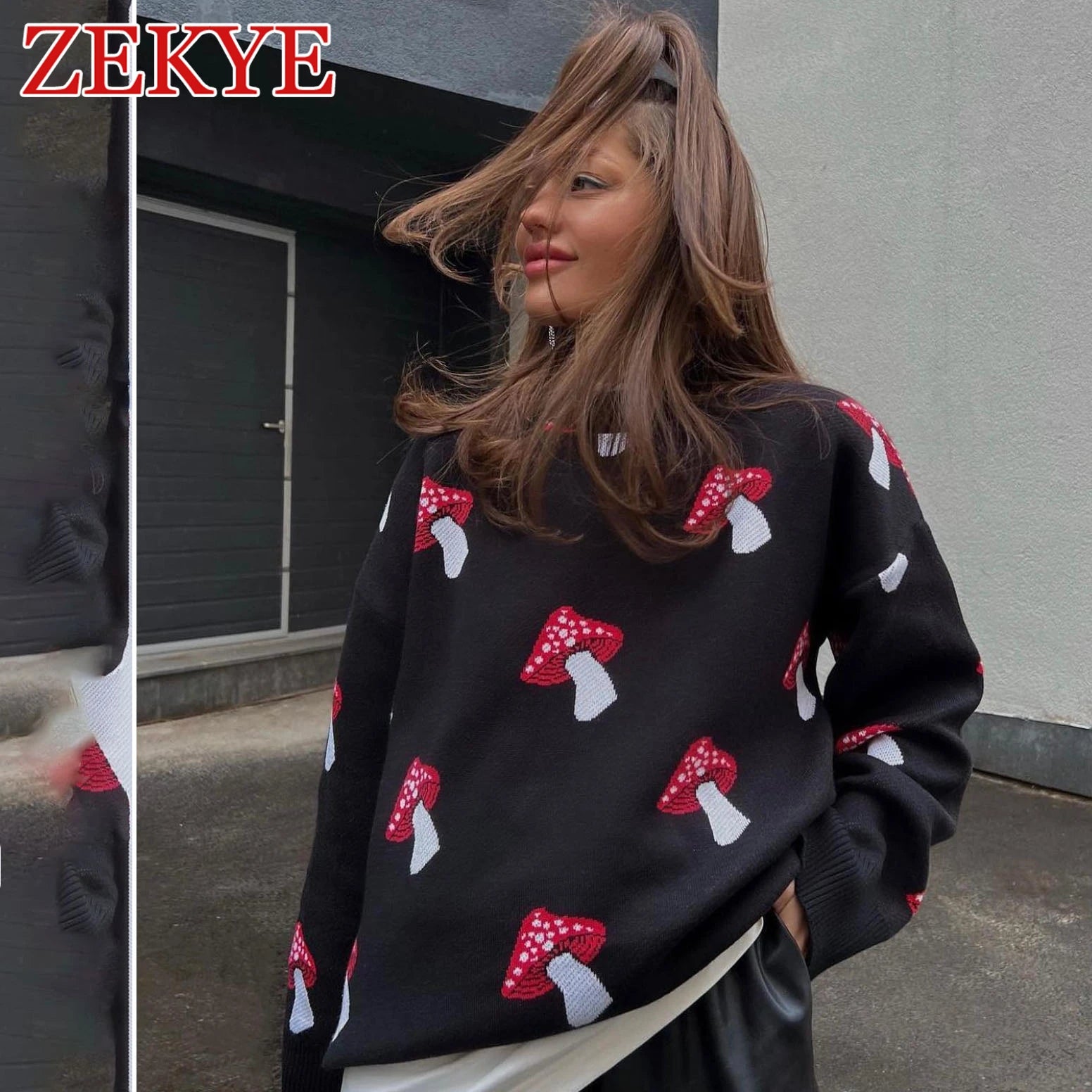 Zekye Mushroom Graphic Cute Black Sweaters Women Winter Loose Long Sleeve Knitwear Casual Basic Outwear Autumn Pullover Elegant - reetell