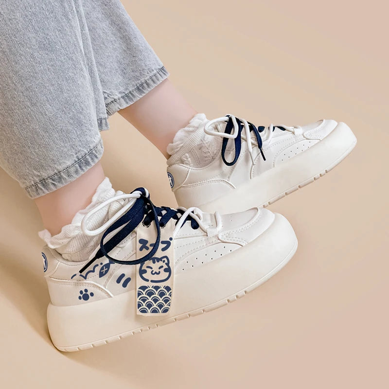 Amy and Michael Original Design Trendy White Chunky Sneakers Kawaii Girls Students Casual Tennis Shoes Women Comfort Trainers