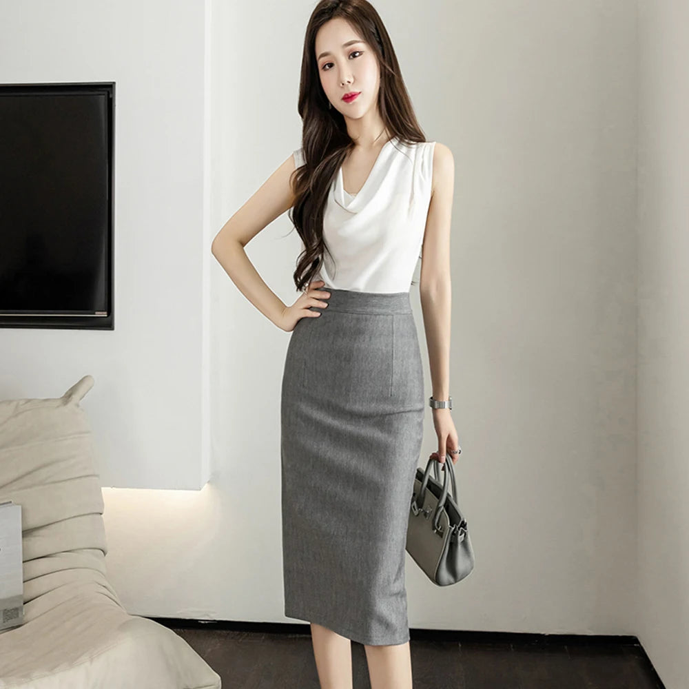 Classic Vintage Gray Red Stretch Pencil Skirts For Women Office Lady Formal Black Midi Skirts Elegant Female Package Hip Skirts - reetell