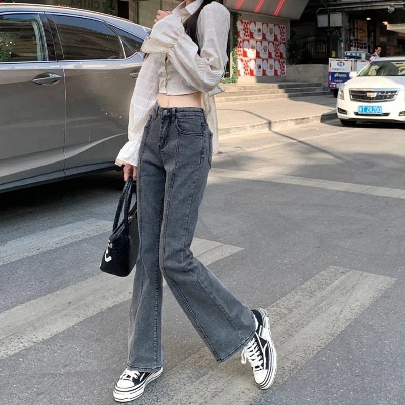 Vintage High Waist Flare Jeans High Street Women Boot Cut Denim Pant Slim Loose Korean Casual Button Up Zippers Gray Trousers - reetell