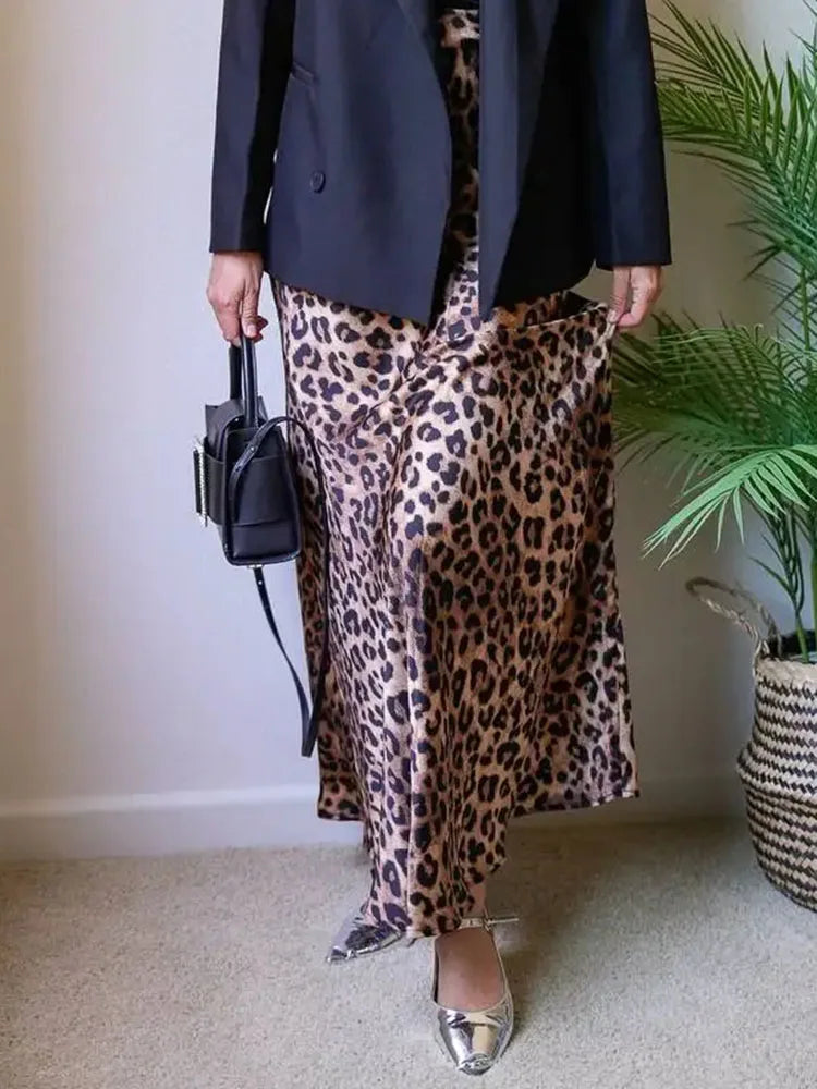 MiuKoMiYa Autumn Satin Leopard Print Maxi Skirt Women High Waist A Line Office Slim Long Leopard Skirt For Women Elegant 2024 - reetell