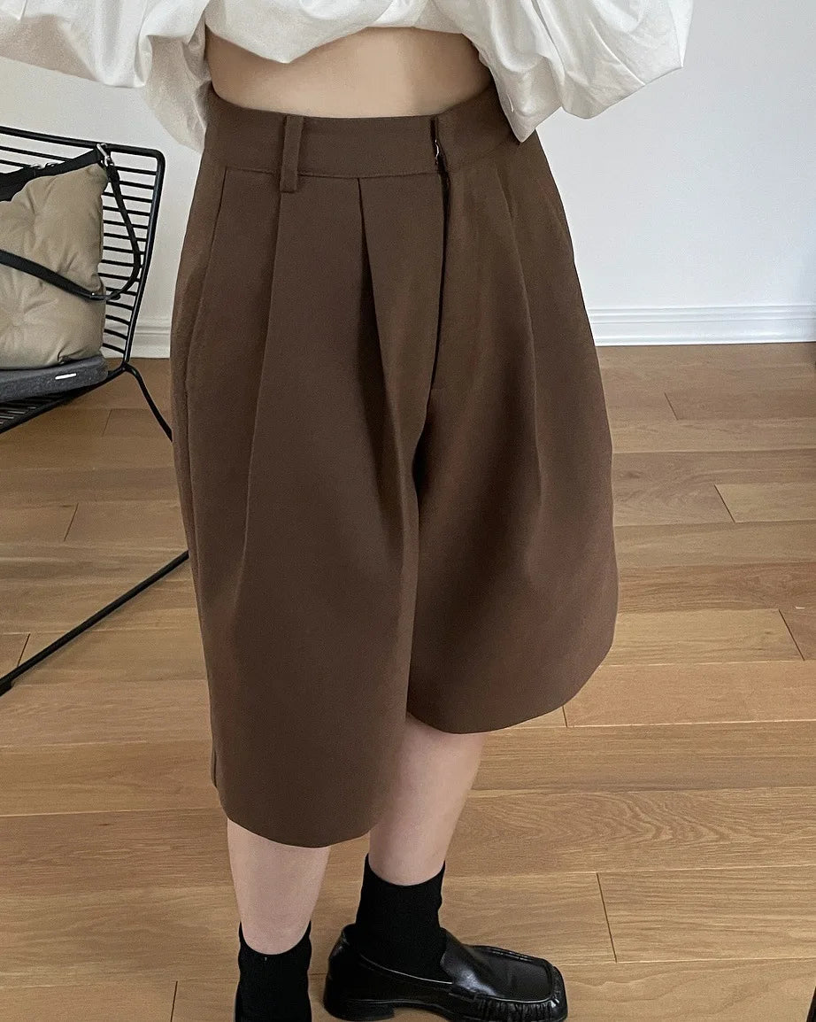 [LANMREM] Pleated Wool Shorts For Women High Waist Straight Office Lady Loose Clothing Korean Style 2024 Summer New 26D8692 - reetell