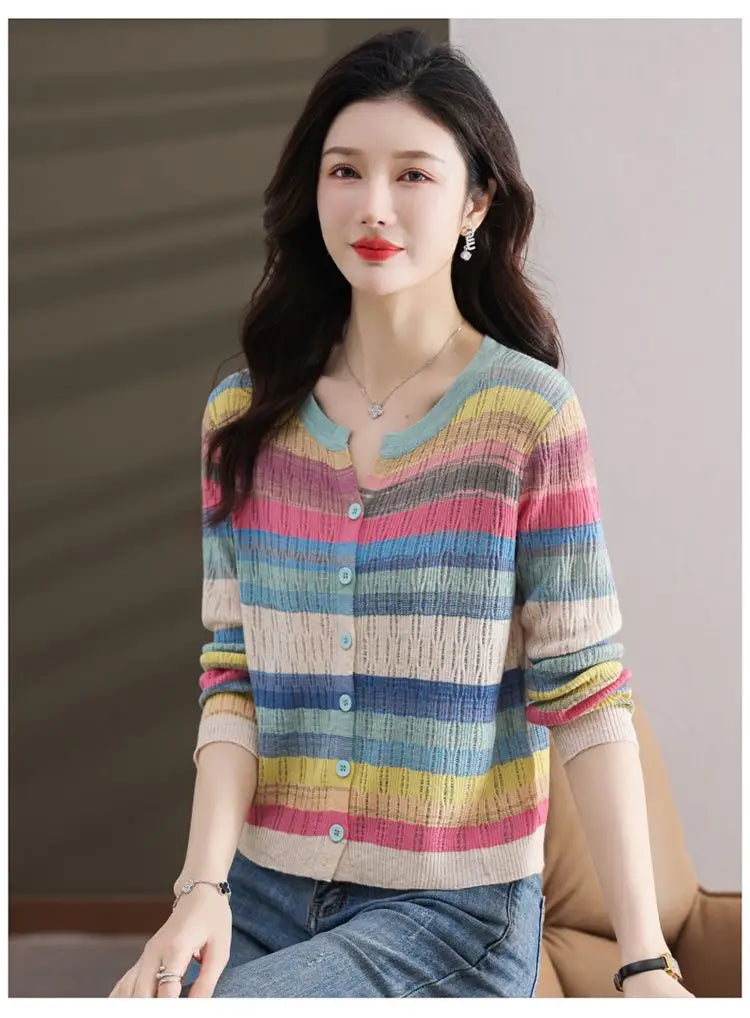 Fashion Women Clothing Colorful Striped Cardigan Sweater Spring Autumn New Korean Versatile Casual Long Sleeve Knitted Coats - reetell