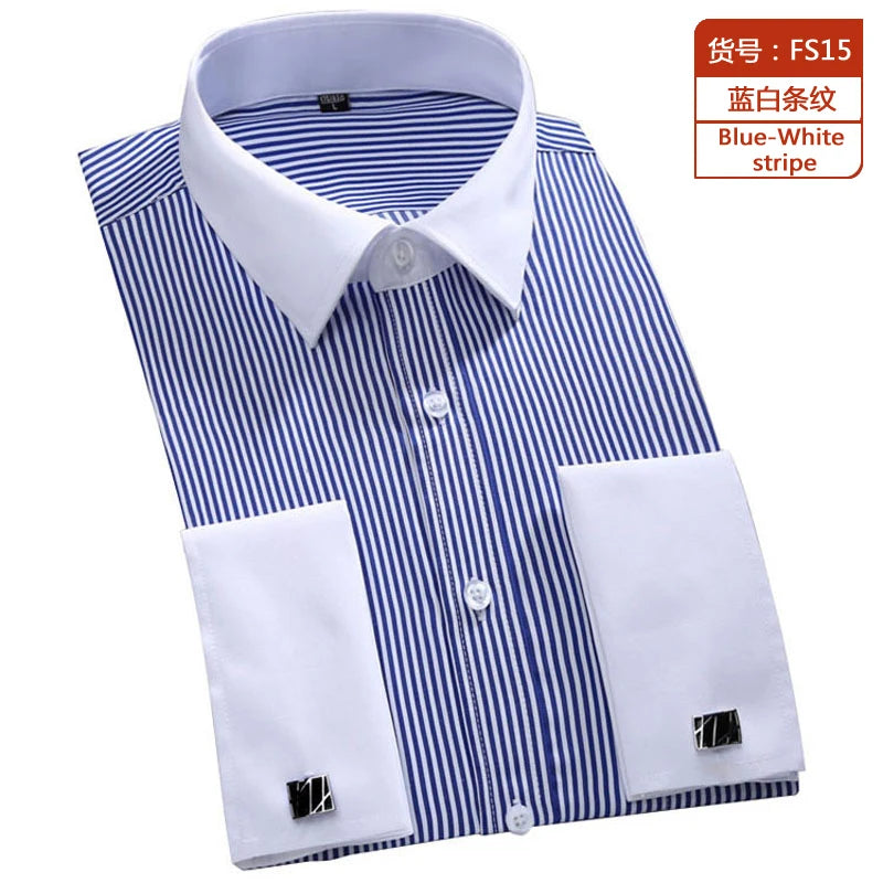 Men's French Cuff Dress Shirt 2023 New White Long Sleeve Formal Business Buttons Male Shirts Regular Fit Cufflinks Shirt M~6XL