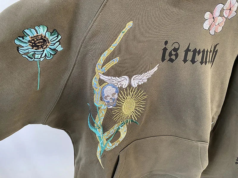 Army Green Hoodie Women's Sweatshirt Long Sleeve Letter Print Flowers Skull Wings Embroidery Pocket Fleece Pullover Sweatshirt - reetell