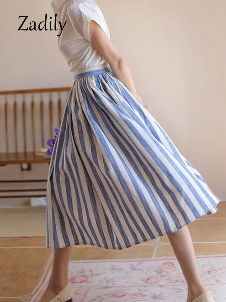 2024 Summer Vintage High Waist Striped Skirt Beach Style A-Line Cotton Linen Women Skirt Casual Ladies Skirts - reetell