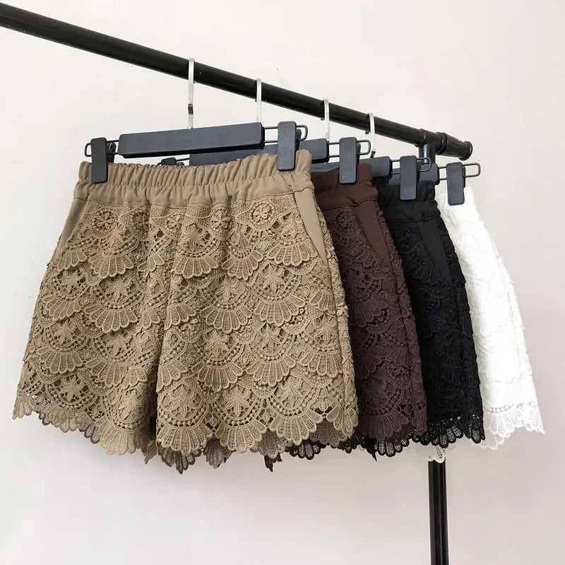 Lace Shorts Women Spring Autumn High Waist Shorts Elastic Wide Leg Short Shorts Black / White Ladies Sexy Short Feminino Q2248 - reetell