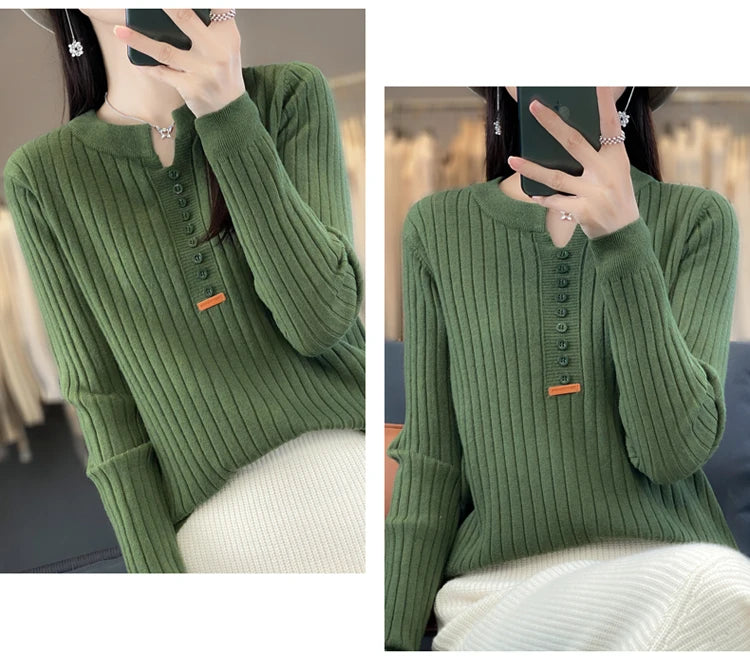 Women's Sweater Autumn/Winter New Solid Color Knitwear V-Neck Pullover Ladies Clothes Fashion Blouse Korean Style Loose Tops - reetell