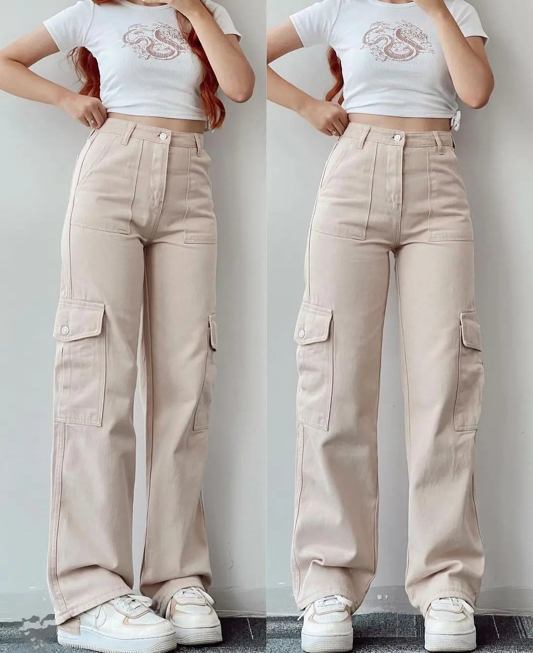 New Straight Cargo High Waist Baggy Trousers Casual Wide Leg Slim Vintage Streetwear Pocket Fashion Women Casual Pants - reetell