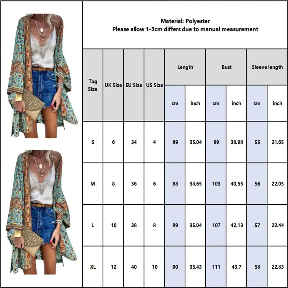 Women Long Sleeve Cardigan Summer New Thin Loose Bohemian Print Mid-length Cardigan Holiday Fashion Vintage Sunscreen Jacket - reetell