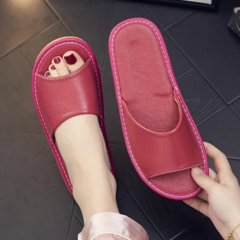 Genuine Leather Slippers Homes in indoor slipper summer open toe sandals men women elderly casual Slides shoes