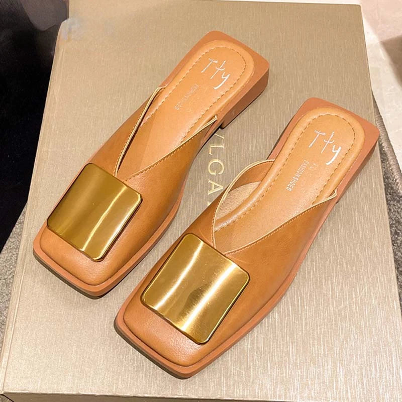 Brand Designer Women Slippers Fashion Metal Buckle Mules Flat Heels Square Toe Shallow Shoes Outdoor Slide Female Casual Sandal