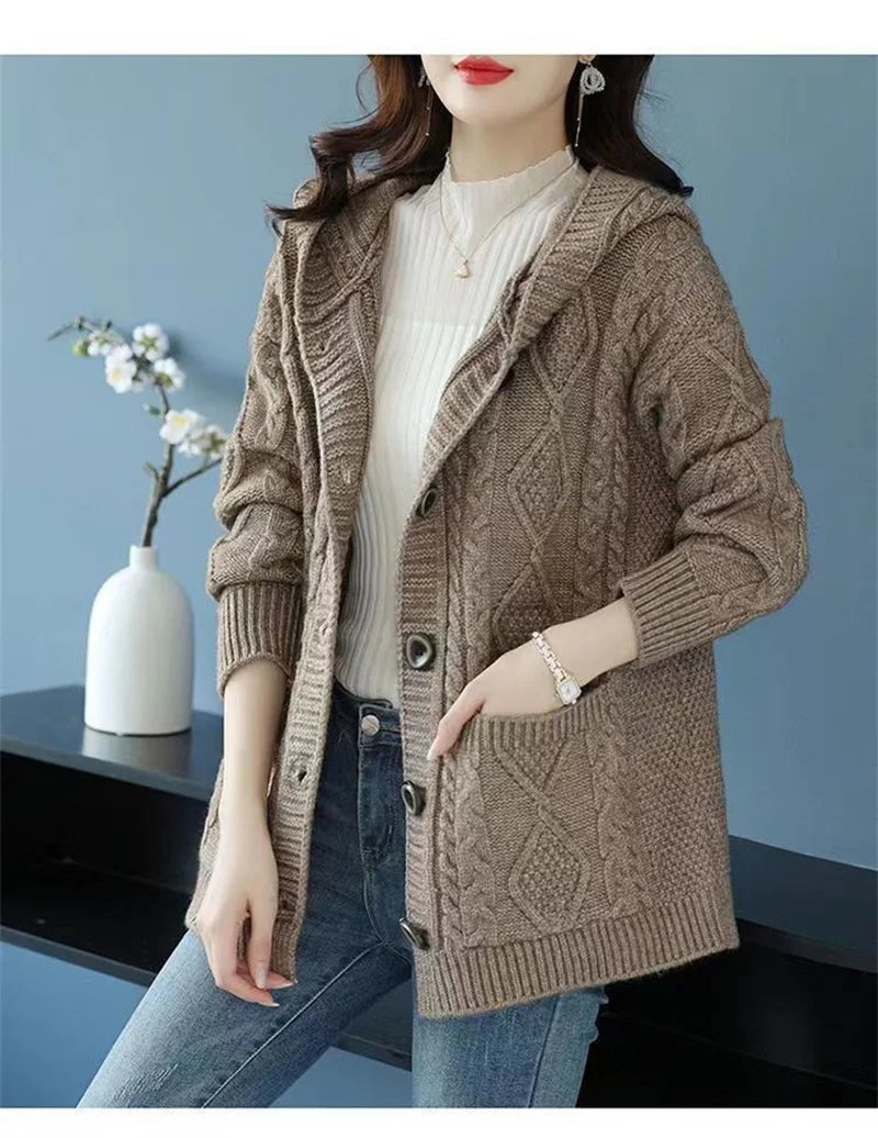 Hooded Sweater Spring And Autumn Mother Sweater Jacket Female Jacket 2023 New Loose Pocket Zipper Knitted Cardigan Mom HoodyCoat - reetell