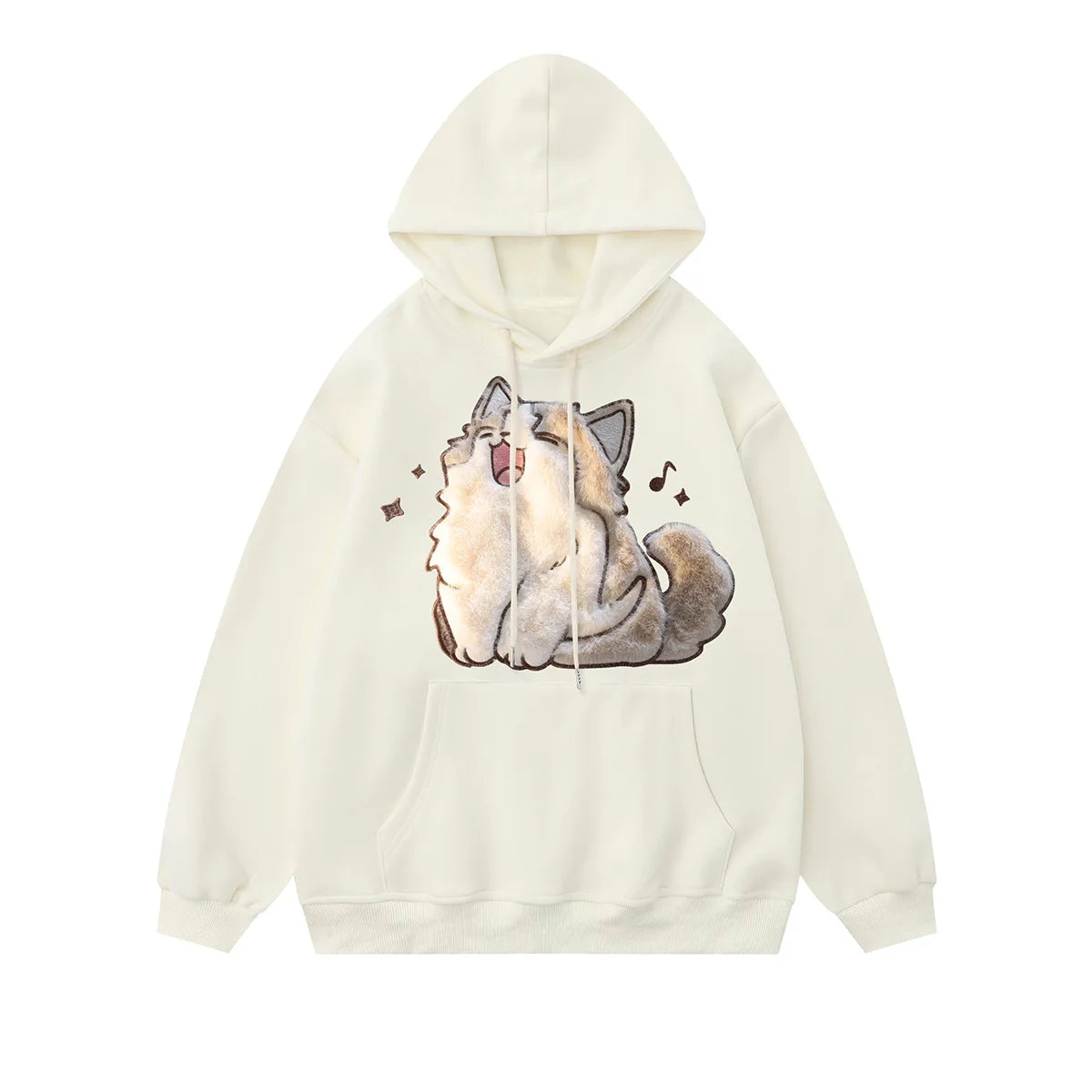 2024 Spring Winter Embroidery Cat Print Pullover Cute Cartoon Street Hoodies Women Men Loose Couples Clothes Versatile Top - reetell