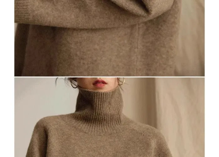 2024 Autumn and Winter New Thick Cashmere Sweater Women High Neck Pullover Sweater Warm Loose Knitted Base Sweater Jacket Tops - reetell