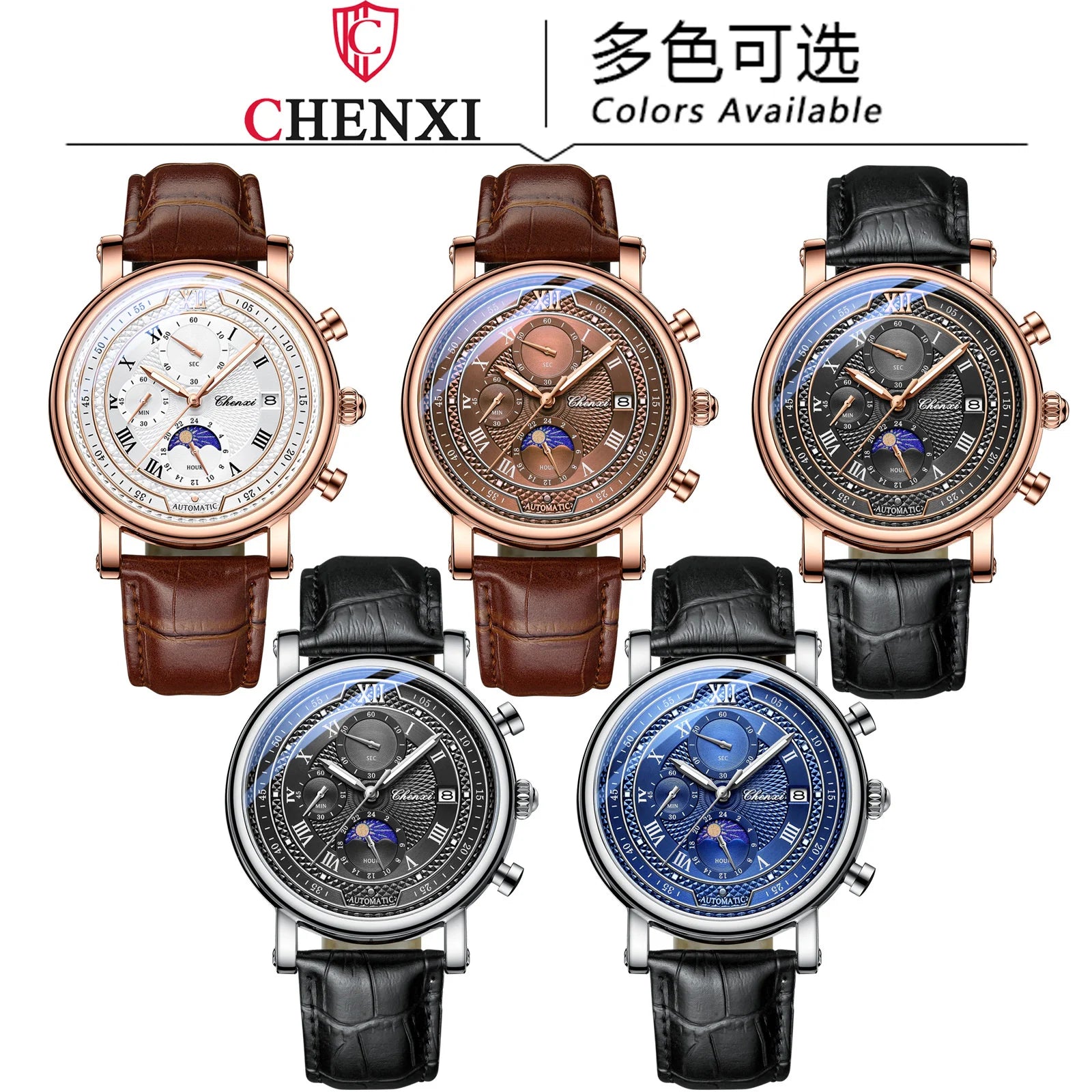 Chenxi 976 Leather Chronograph Date Men's Phase Of The Moon Timing Business Luminous Quartz Watch Relojes para hombres