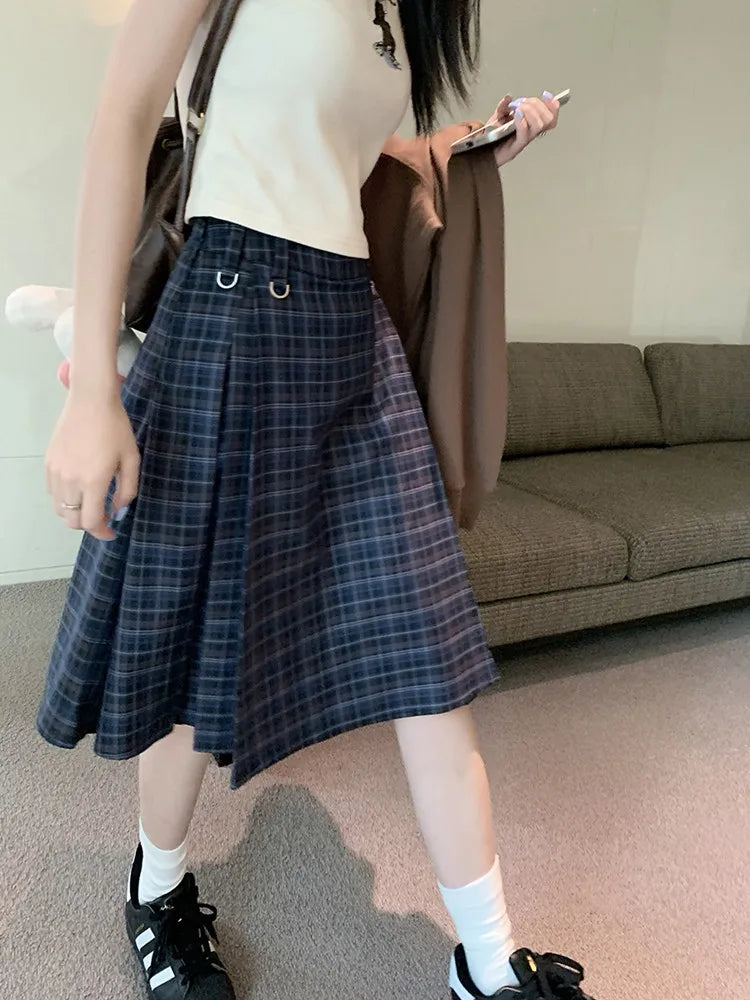 Korean style Preppy Fashion Vintage Plaid Summer Women Midi Skirt High Waist Pleated A-line Temperament Loose Y2K Skirt - reetell