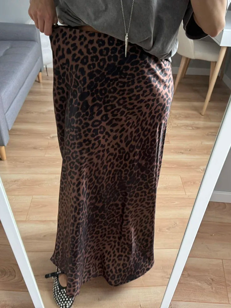 MiuKoMiYa Autumn Satin Leopard Print Maxi Skirt Women High Waist A Line Office Slim Long Leopard Skirt For Women Elegant 2024 - reetell