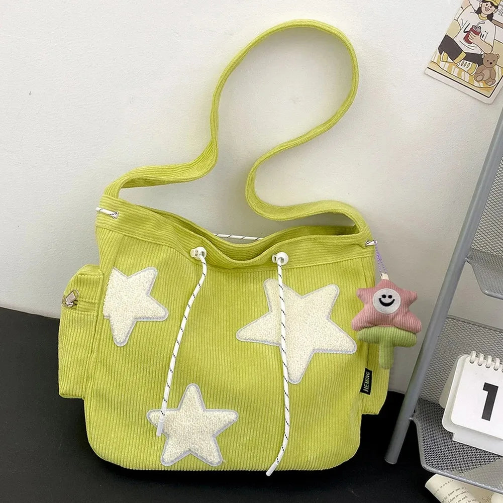 Women Star Pattern Corduroy Crossbody Bag Casual Tote Lady Simple Large Capacity Shoulder Bag Girl Travel School Bookbag Handbag