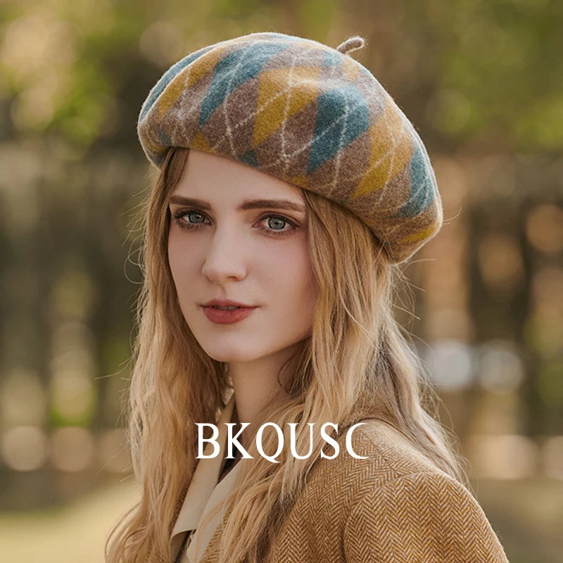 Beret Women Wool Classic Prismatic Check Cashmere Berets French Elegant Pure Wool Vintage Beret Woman Luxury Hats Winter Caps