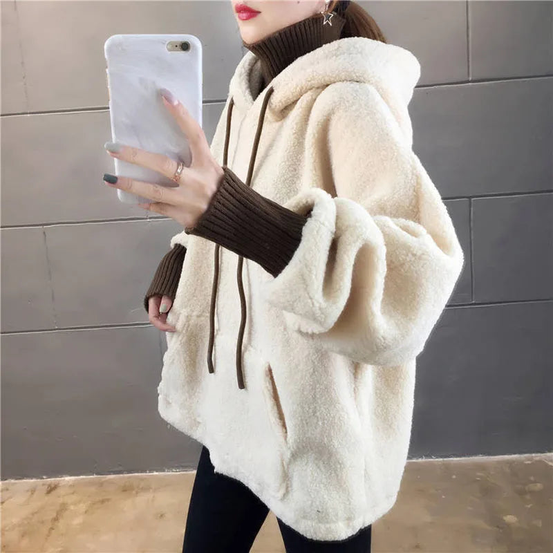 Faux Lamb Sweatshirt Women Loose Fake Two Piece Fashion Hoodies Fluffy Big Pocket Letter Long Sleeve Winter Female Tops - reetell