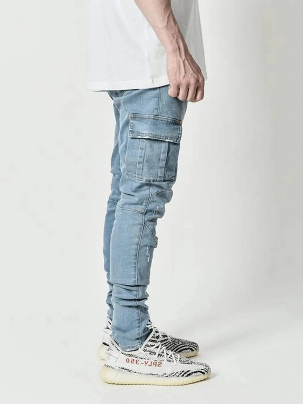 Fashion Streetwear Ripped Skinny Jeans Men Side Mulit Pockets Denim Cargo Pants Slim Fit Pantalones Hombre Soft Elastic Joggers - reetell