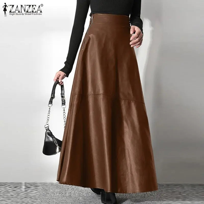 2023 Fashion Solid Mujer Faldas ZANZEA PU Leather Maxi Skirts Women's Elegant OL Long Saias Casual High Waist Zipper Jupe Femme - reetell